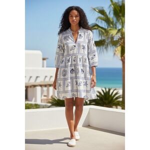 Calypso St. Barth  Blue White Shell Palm Tree Tassel Tunic Dress Medium NWT